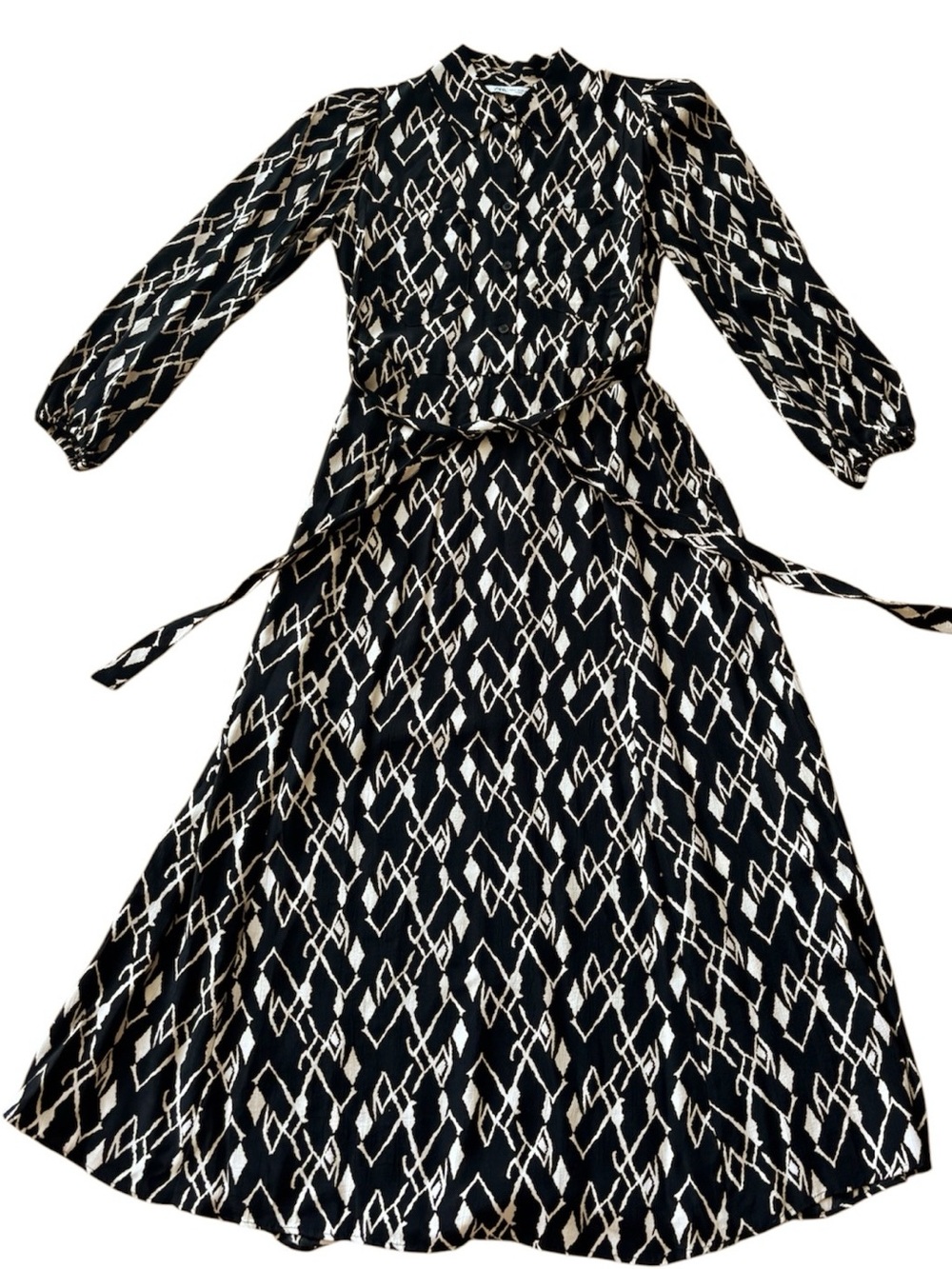 Zara Women's Black & Pale Beige Geometric Long Sleeve Midi Dress